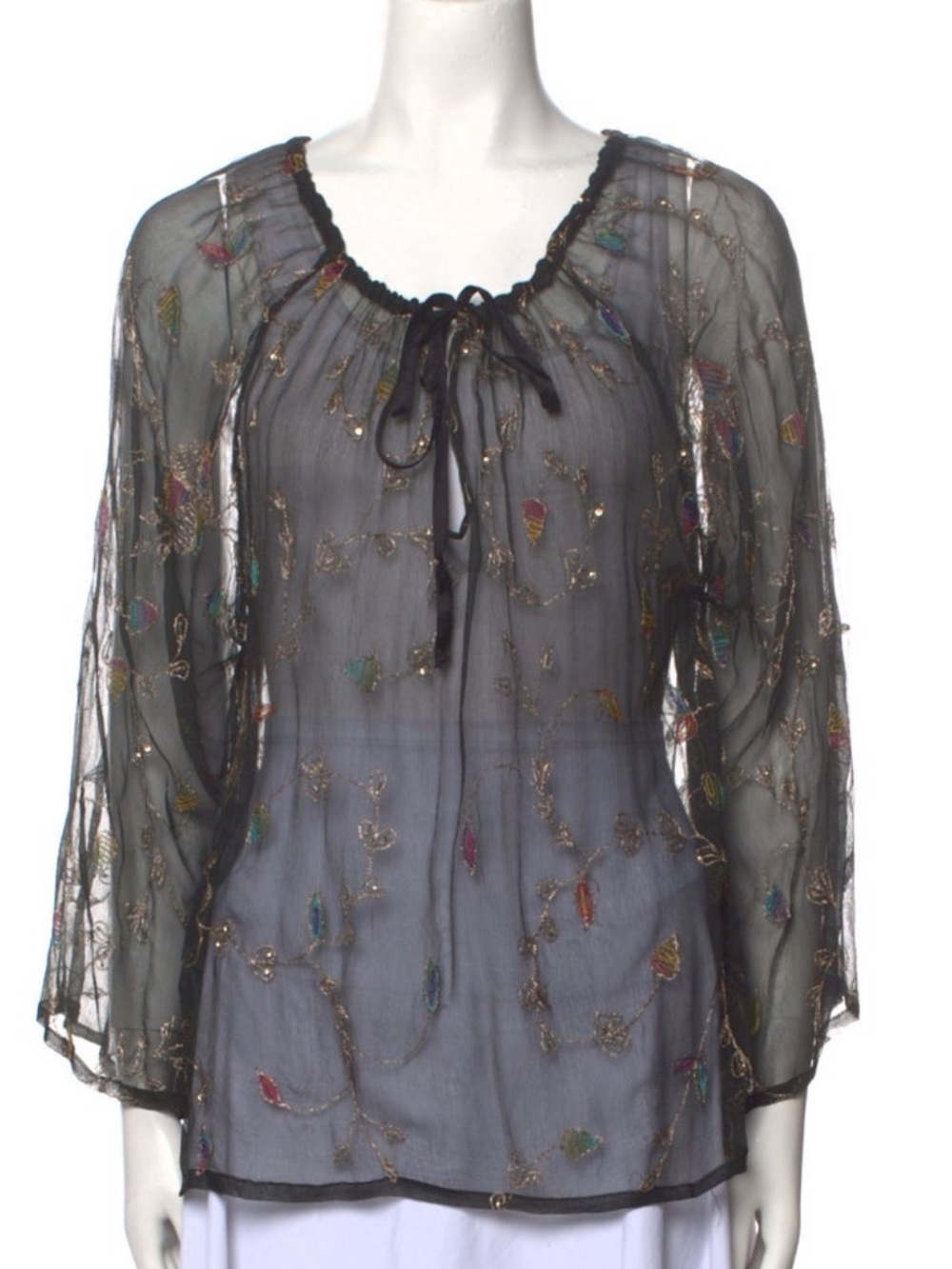 Juliet Dunn Black Sheer Embroidered Tie-Neck Blouse